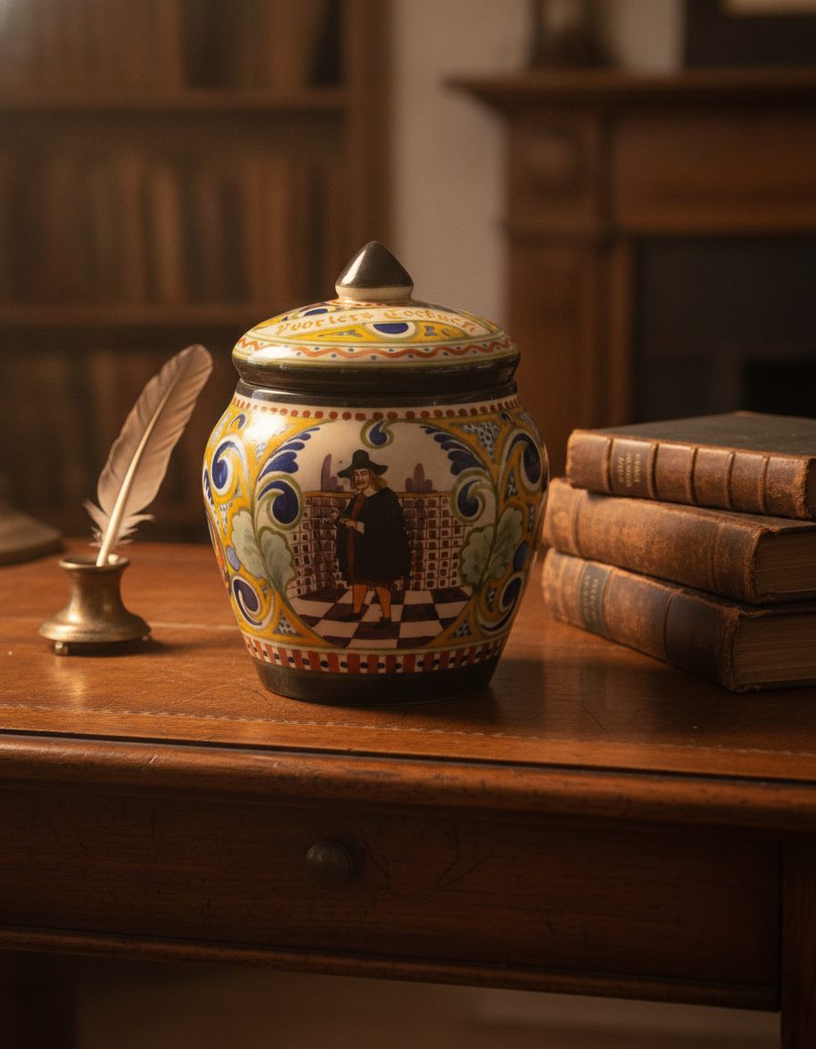 Hand-painted lidded jar staged on antique writing desk, warm library light