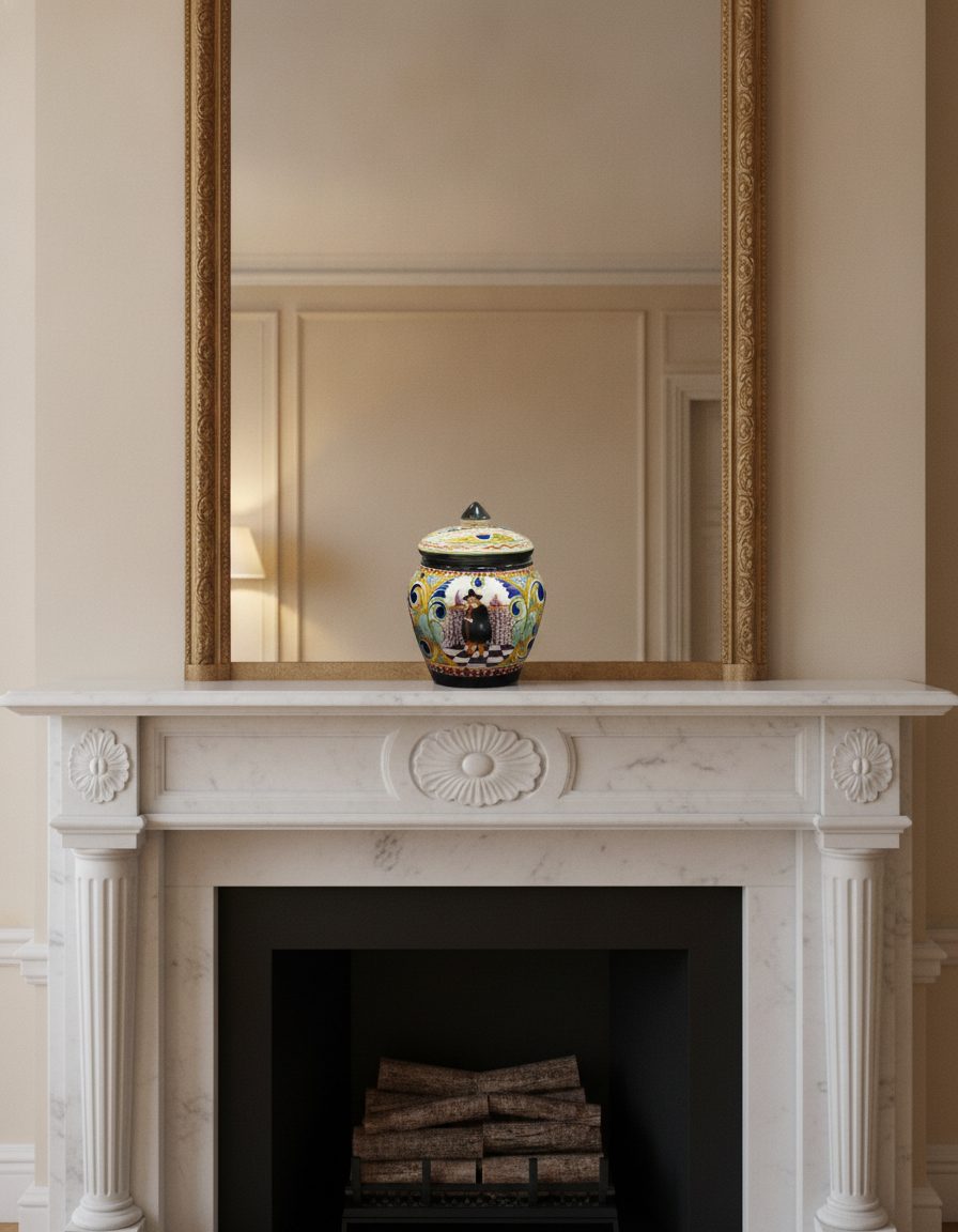 Hand-painted lidded jar staged on marble fireplace mantel
