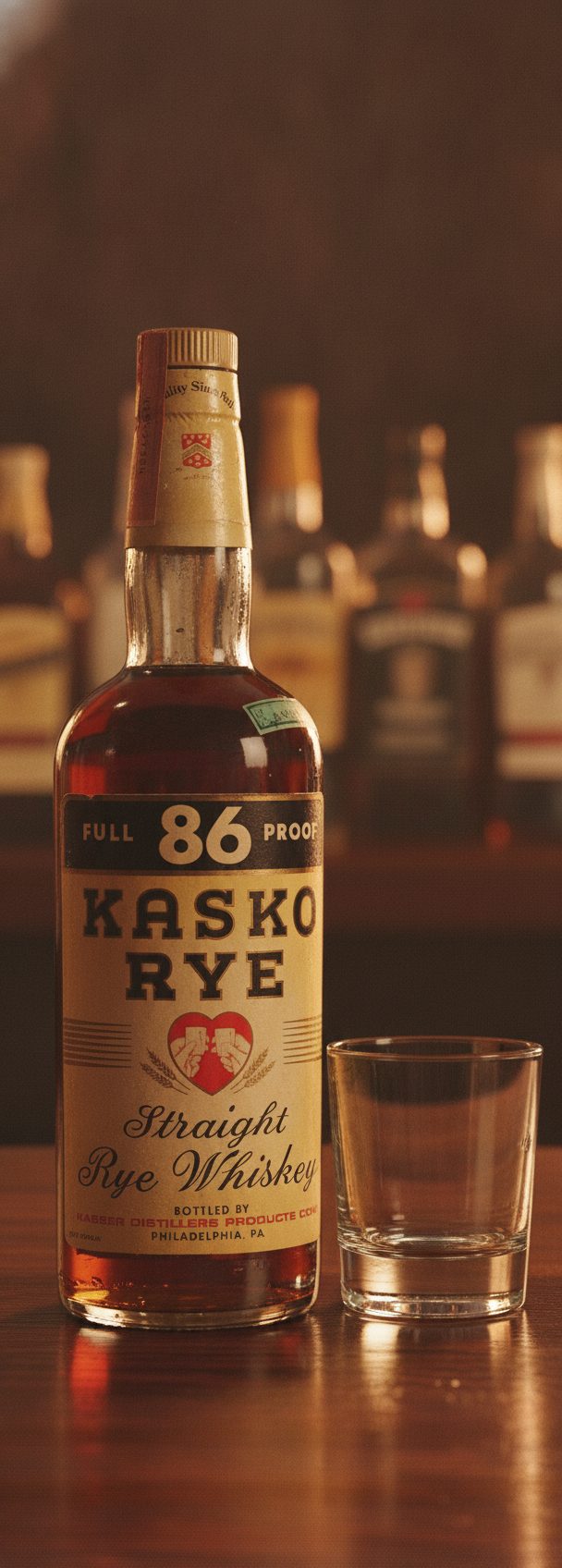 Vintage-label rye whiskey (defunct brand) staged on dark wooden bar counter, amber light