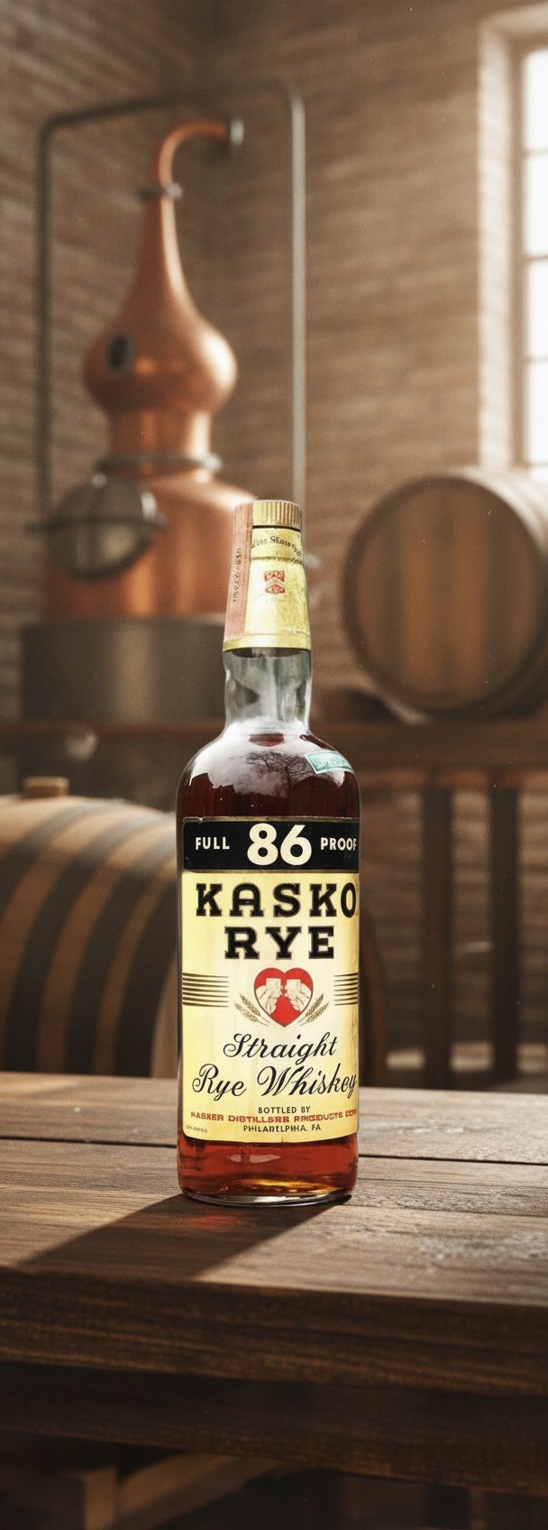 Vintage-label rye whiskey (defunct brand) staged on distillery shelf, soft daylight