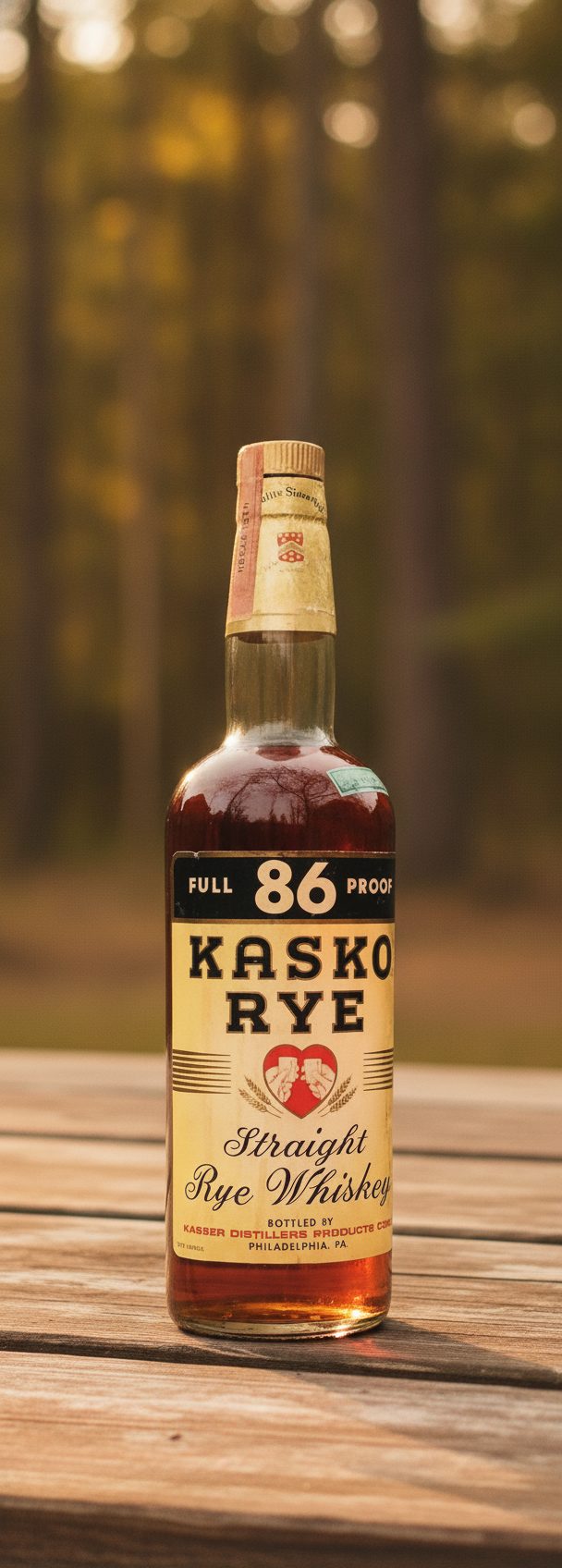 Vintage-label rye whiskey (defunct brand) staged on outdoor picnic table, golden hour